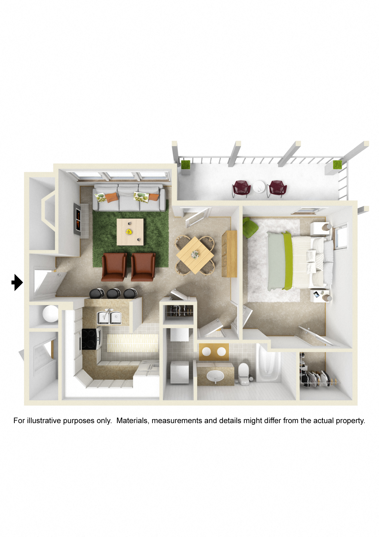 Floor plan for 1 bed, 1 bath, 730 sqft